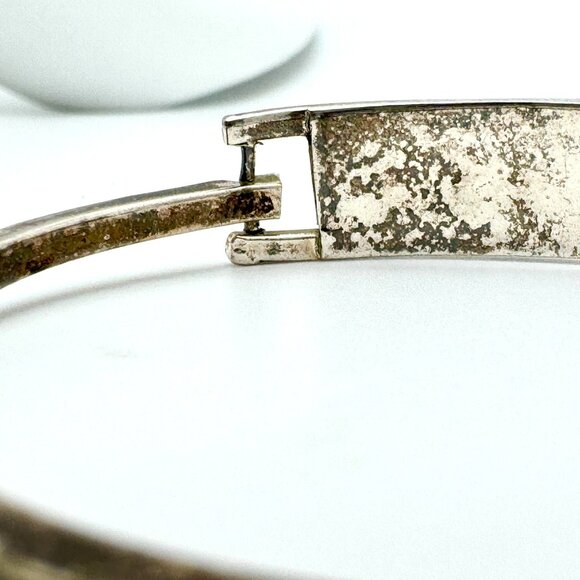 Vintage Mexican Alpaca Silver Tone Bracelet With Red Enamel & Abalone Inlay - Picture 6 of 9